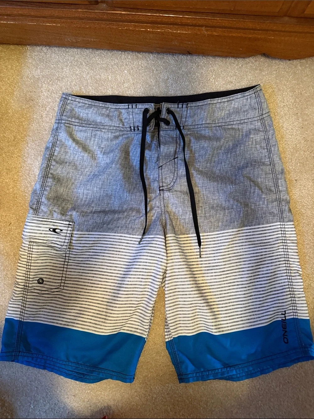 O'Neill Gray, White & Blue Striped Board Shorts